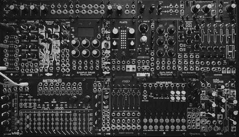 Black and white photo of a mid-sized Eurorack system.