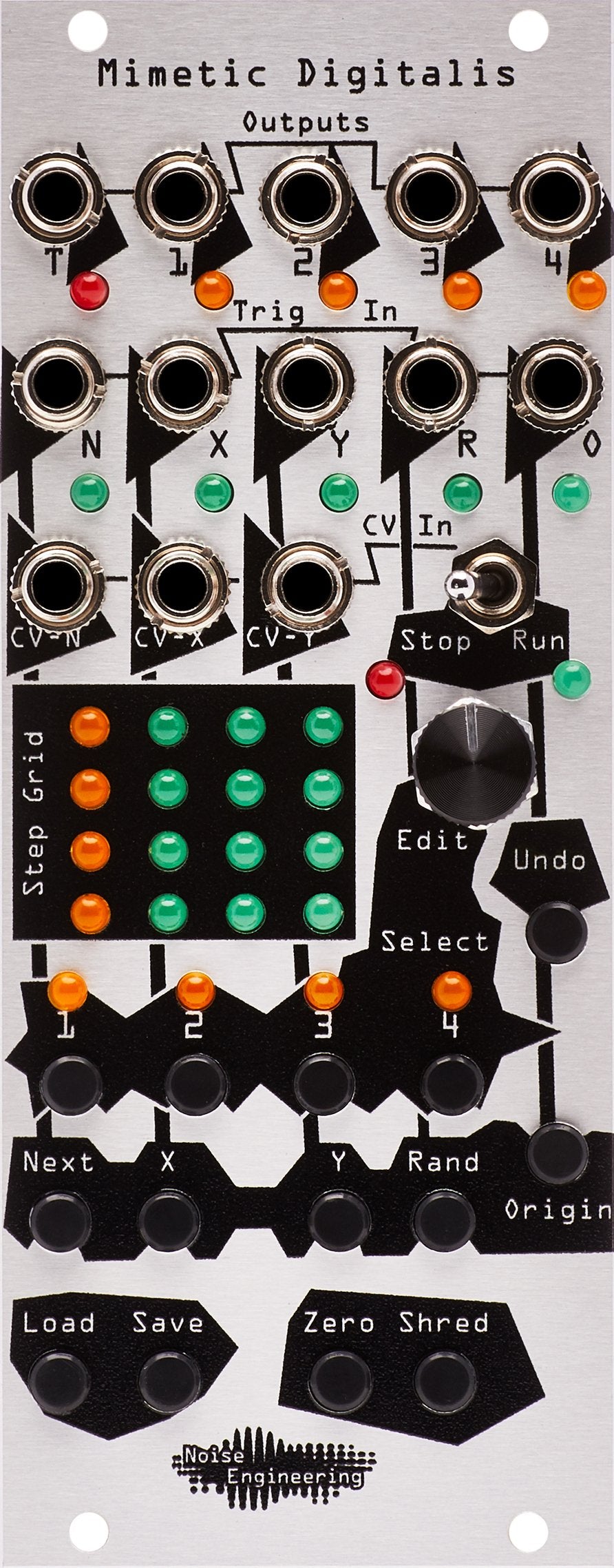 The Mimetic Digitalis module front panel, in silver with black graphics and knobs and LEDs.