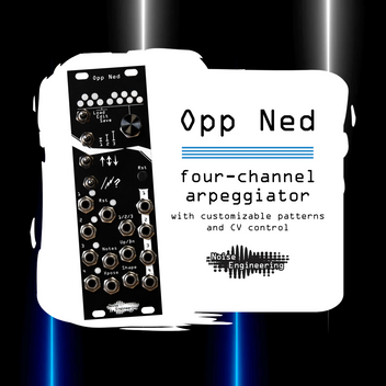 Opp Ned arpeggiator with black panel on a white rectangular shape. Below that a black box with vertical blue and white stripes.  | Noise Engineering