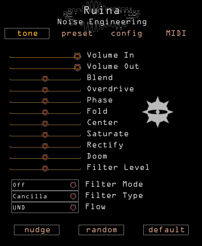 Screenshot of Ruina plugin interface with red and yellow sliders and text with a black backdrop. And the Eye. Ruina is a distortion plugin very similar to our Ruina Versio module.