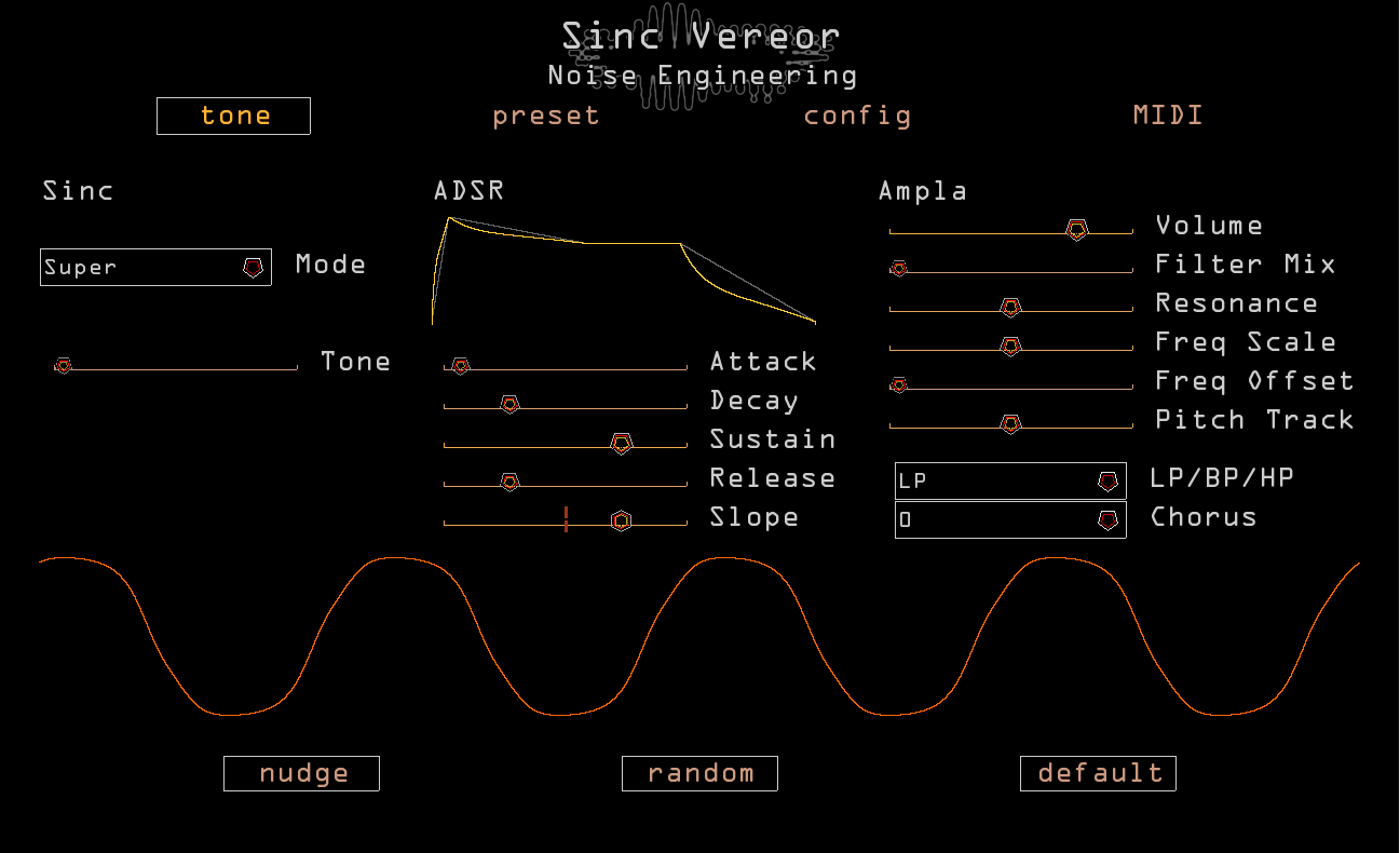 Screenshot of Sinc Vereor plugin interface with red and yellow sliders and text with a black backdrop.The Sinc Vereor is a synthesizer based loosely on our Sinc Iter oscillator and Ampla Versio firmware with some extra tweaks added.