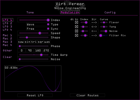 Virt Vereor modulation page set to a sine LFO