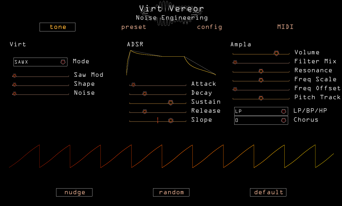 Screenshot of Virt Vereor plugin interface with red and yellow sliders and text with a black backdrop. Virt Vereor is a synth that shares some similarities with Sinc: it uses the same dynamics section inspired by the Ampla Versio. It also uses the three oscillators we created for Arturia’s MicroFreak and our upcoming Virt Iter module.