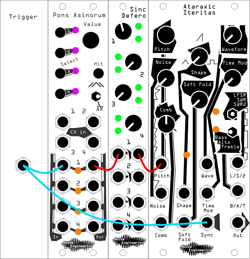 An attenuated decay envelope from Pons ASinorum runs into the Ataraxic Iteritas pitch input. All knobs on ataraxic are turned to 0%, except comb at 50%. 