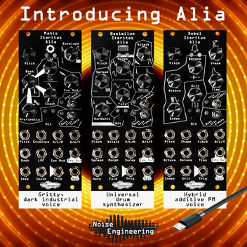 Debel Iteritas Alia: part of the Alia platform. Black modules on orange background. Each has a distinct icon but all have knobs on top and jacks on bottom.