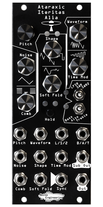 Ataraxic Iteritas Alia module in black with UFO icon. 7 knobs on top, two switches on the right, and jacks on the bottom.  Oscillator platform in 10HP | Noise Engineering