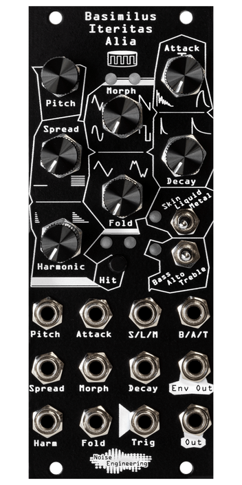 Basimilus Iteritas Alia 10HP universal percussion synth in black. 7 knobs on top with two switches below and jacks on bottom. A drum icon near the top.  | Noise Engineering