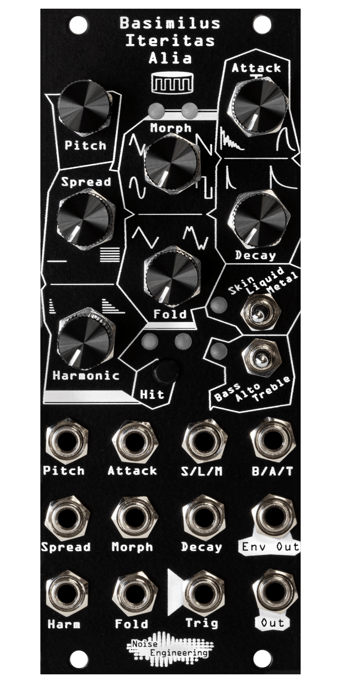 Basimilus Iteritas Alia 10HP universal percussion synth in black. 7 knobs on top with two switches below and jacks on bottom. A drum icon near the top.  | Noise Engineering