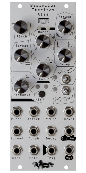 asimilus Iteritas Alia 10HP universal percussion synth in silver. 7 knobs on top with two switches below and jacks on bottom. A drum icon near the top.  | Noise Engineering