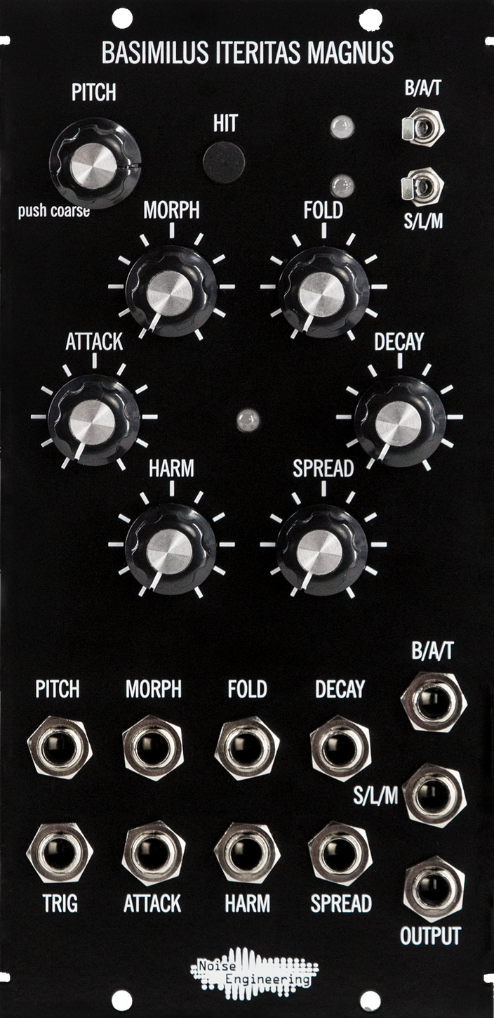 Black 5u oscillator module with minimalist art and large knobs on the top and jacks on the bottom. | Basimilus Iteritas Magnus by Noise Engineering