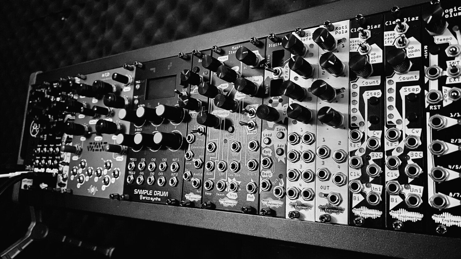 Black and white image showing a modular case featuring Noise Engineering modules