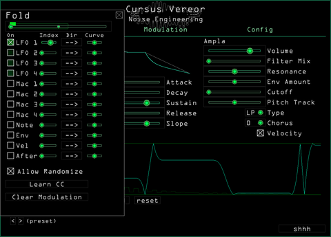 Cursus Vereor Fold LFO menu open