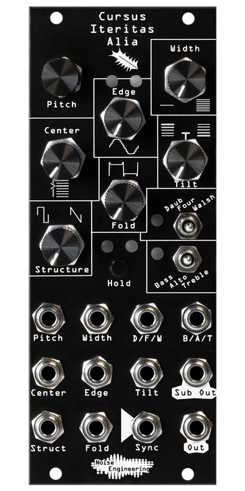 Cursus Iteritas Alia module in black with leaf icon. 7 knobs on top, two switches on the right, and jacks on the bottom.  Oscillator platform in 10HP | Noise Engineering