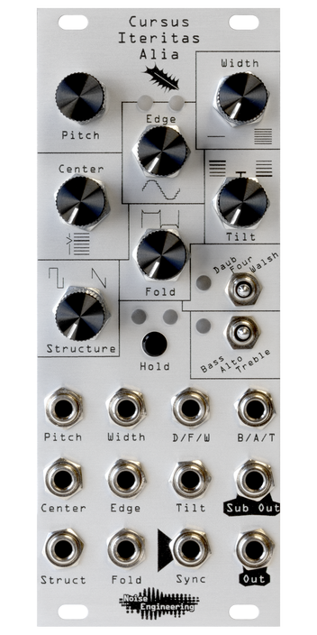Cursus Iteritas Alia module in silver with leaf icon. 7 knobs on top, two switches on the right, and jacks on the bottom.  Oscillator platform in 10HP | Noise Engineering