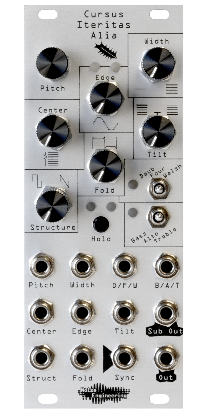 Cursus Iteritas Alia module in silver with leaf icon. 7 knobs on top, two switches on the right, and jacks on the bottom.  Oscillator platform in 10HP | Noise Engineering