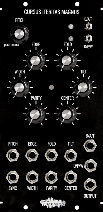 Black 5u oscillator module with minimalist art and large knobs on the top and jacks on the bottom. | Cursus Iteritas Magnus by Noise Engineering