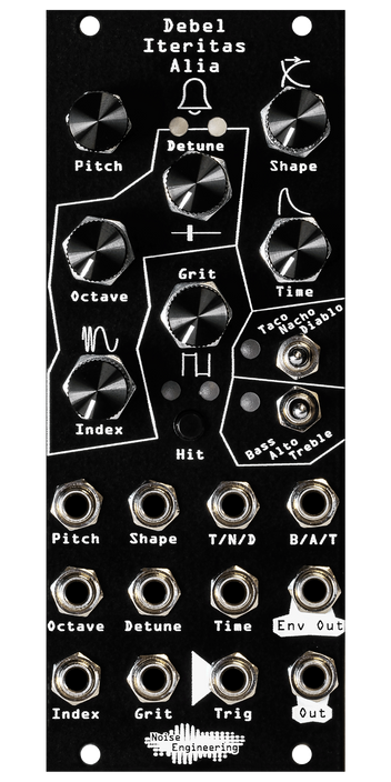 Debel Iteritas Alia 10HP additive phase-modulation voice in black. 7 knobs on top with two switches below and jacks on bottom. A bell icon near the top. | Noise Engineering