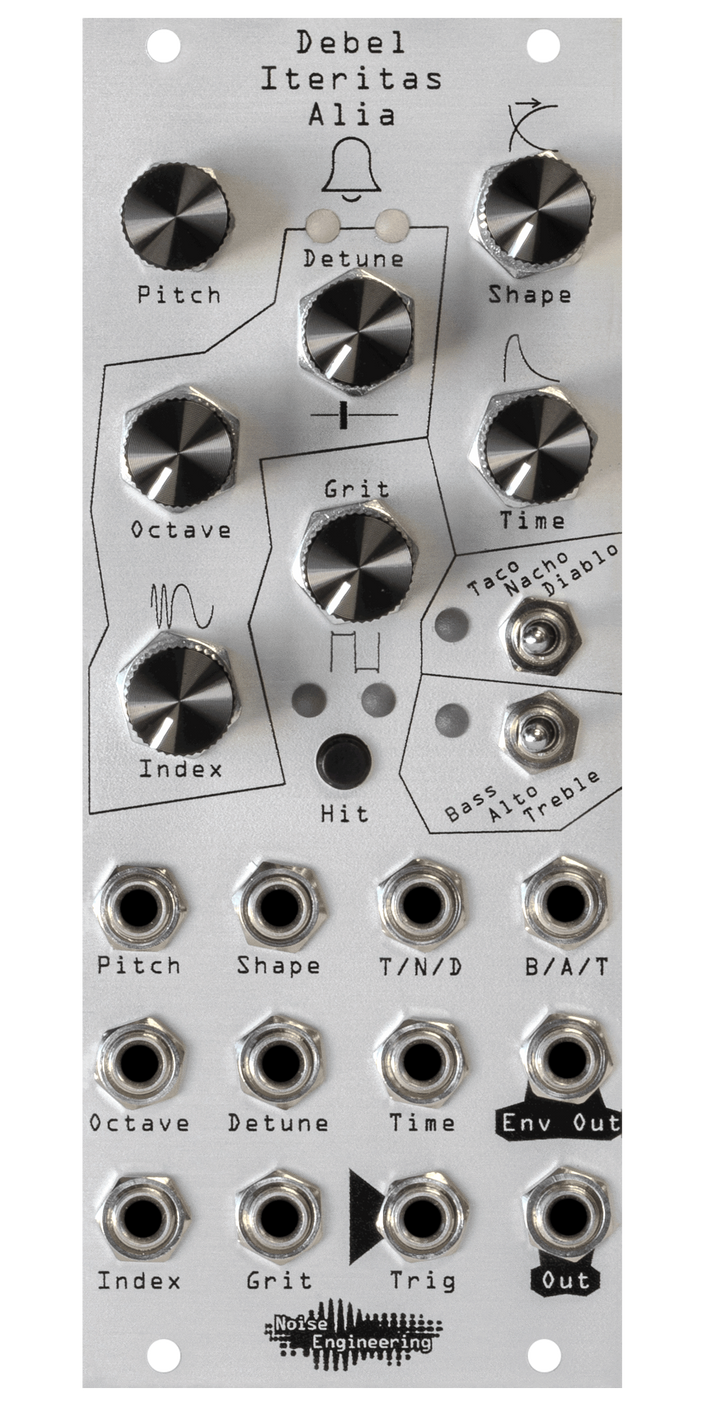 Debel Iteritas Alia 10HP additive phase-modulation voice in silver. 7 knobs on top with two switches below and jacks on bottom. A bell icon near the top. | Noise Engineering