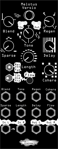 Melotus Versio configured for tape-inspired crunch. Blend, Delay, and Cohere at max, Tone and Regen at 10:00, Length and Sparse at minimum.