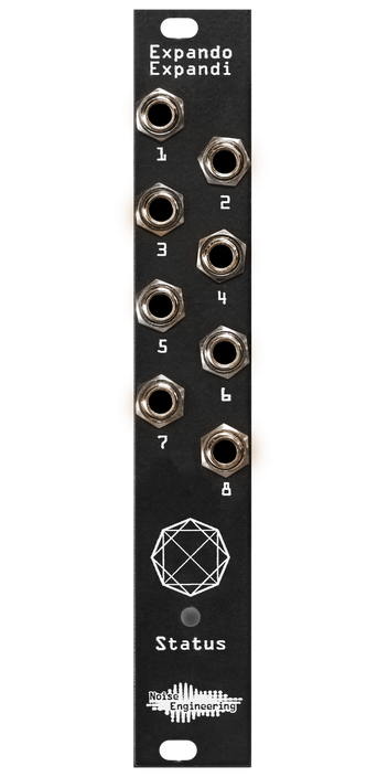 Expando Expandi expander in 4HP, black edition: 8 jacks loom over a strange shape which in turn looms over an LED labeled status. | Noise Engineering