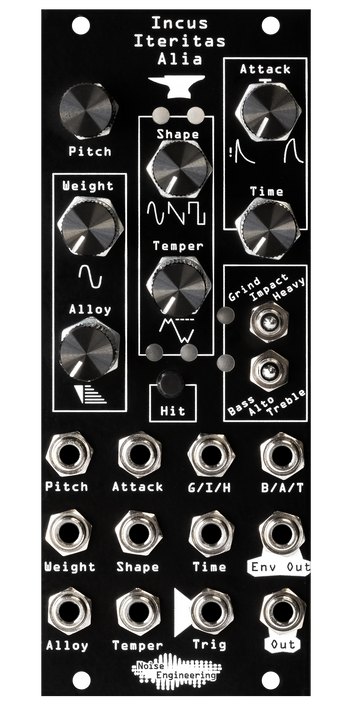 Incus Iteritas Alia module in black with anvil icon. 7 knobs on top, two switches on the right, and jacks on the bottom.  Oscillator platform in 10HP | Noise Engineering