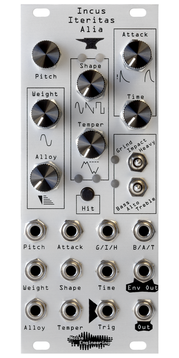 Incus Iteritas Alia module in silver with anvil icon. 7 knobs on top, two switches on the right, and jacks on the bottom.  Oscillator platform in 10HP | Noise Engineering