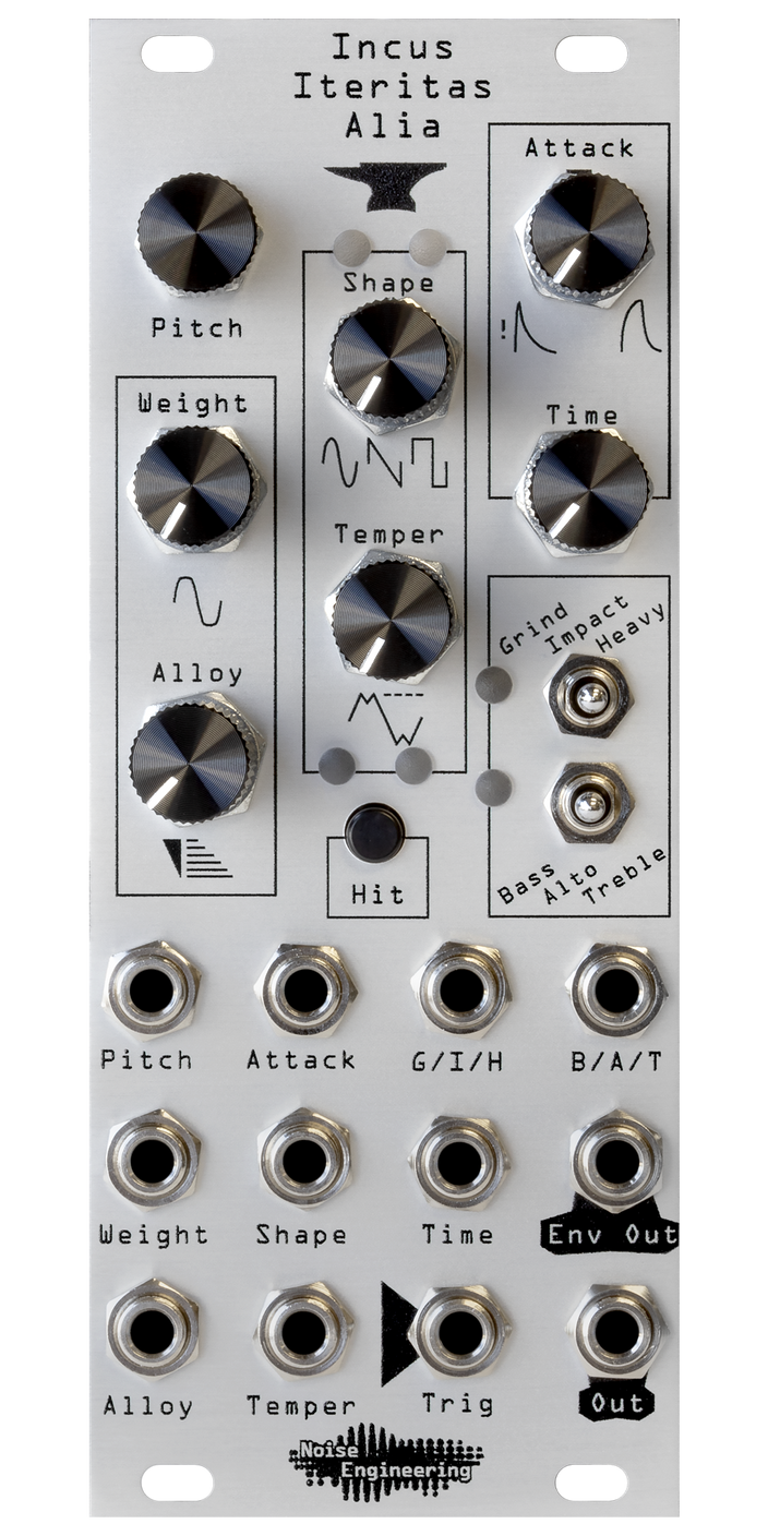 Incus Iteritas Alia module in silver with anvil icon. 7 knobs on top, two switches on the right, and jacks on the bottom.  Oscillator platform in 10HP | Noise Engineering