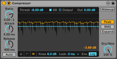 Ableton Live's compressor processing a drum loop, with a proper input level