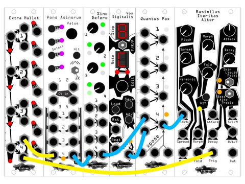 A precision adder and pitch sequencer are added to the previous patch: a decay envelope runs through an attenuator into a precision adder, where it's summed with the CV signal from a pitch sequencer. The output goes to the BIA pitch input, and both the BIA and the decay envelope are triggered from the same source.