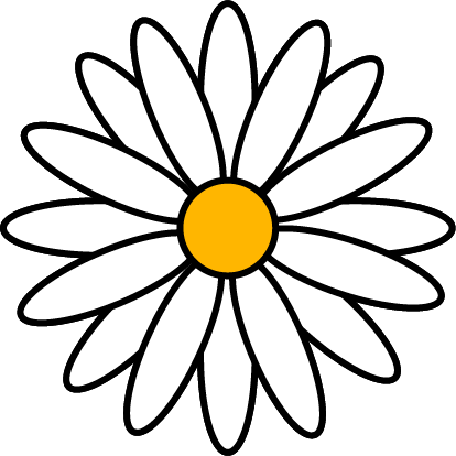 Daisy illustration with yellow center, white petals and black outlines