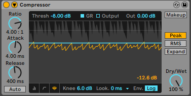 Ableton Live's compressor processing a drum loop, but the input is too loud