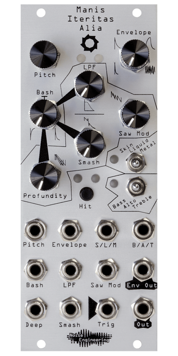 Manis Iteritas Alia 10HP gritty industrial voice in silver. 7 knobs on top with two switches below and jacks on bottom. A saw icon near the top. | Noise Engineering