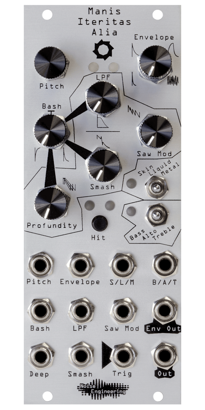 Manis Iteritas Alia 10HP gritty industrial voice in silver. 7 knobs on top with two switches below and jacks on bottom. A saw icon near the top. | Noise Engineering