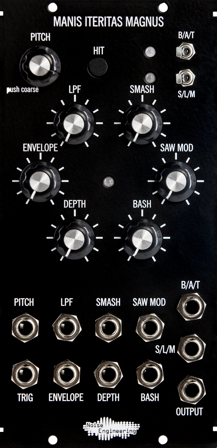 Black 5u oscillator module with minimalist art and large knobs on the top and jacks on the bottom. | Manis Iteritas Magnus by Noise Engineering