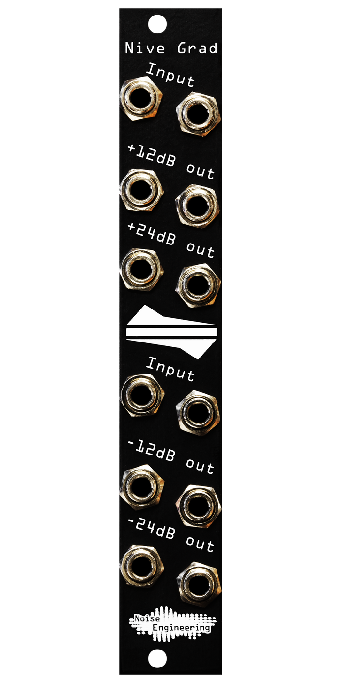 Nive Grad level shifter in black. The top half has two input jacks with two +12 and two +24 dB outputs. The bottom has two input jacks and two -12 and two -24 dB outputs. | Noise Engineering