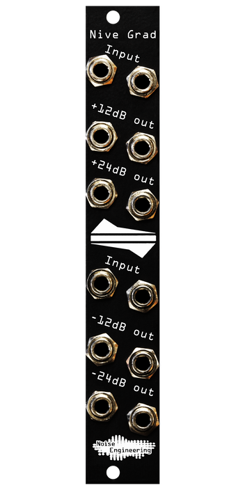 Nive Grad level shifter in black. The top half has two input jacks with two +12 and two +24 dB outputs. The bottom has two input jacks and two -12 and two -24 dB outputs. | Noise Engineering