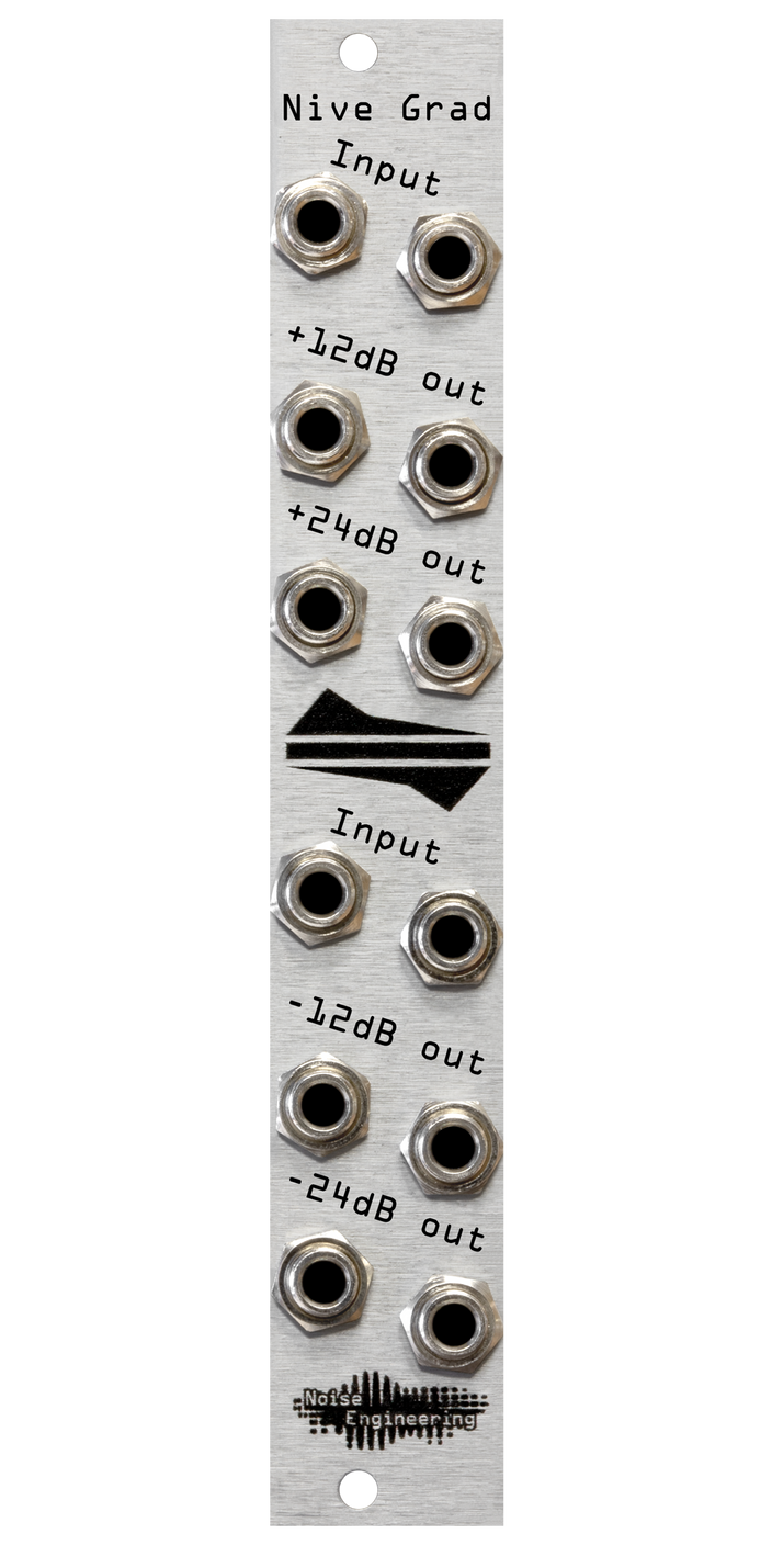 Nive Grad level shifter in silver. The top half has two input jacks with two +12 and two +24 dB outputs. The bottom has two input jacks and two -12 and two -24 dB outputs. | Noise Engineering