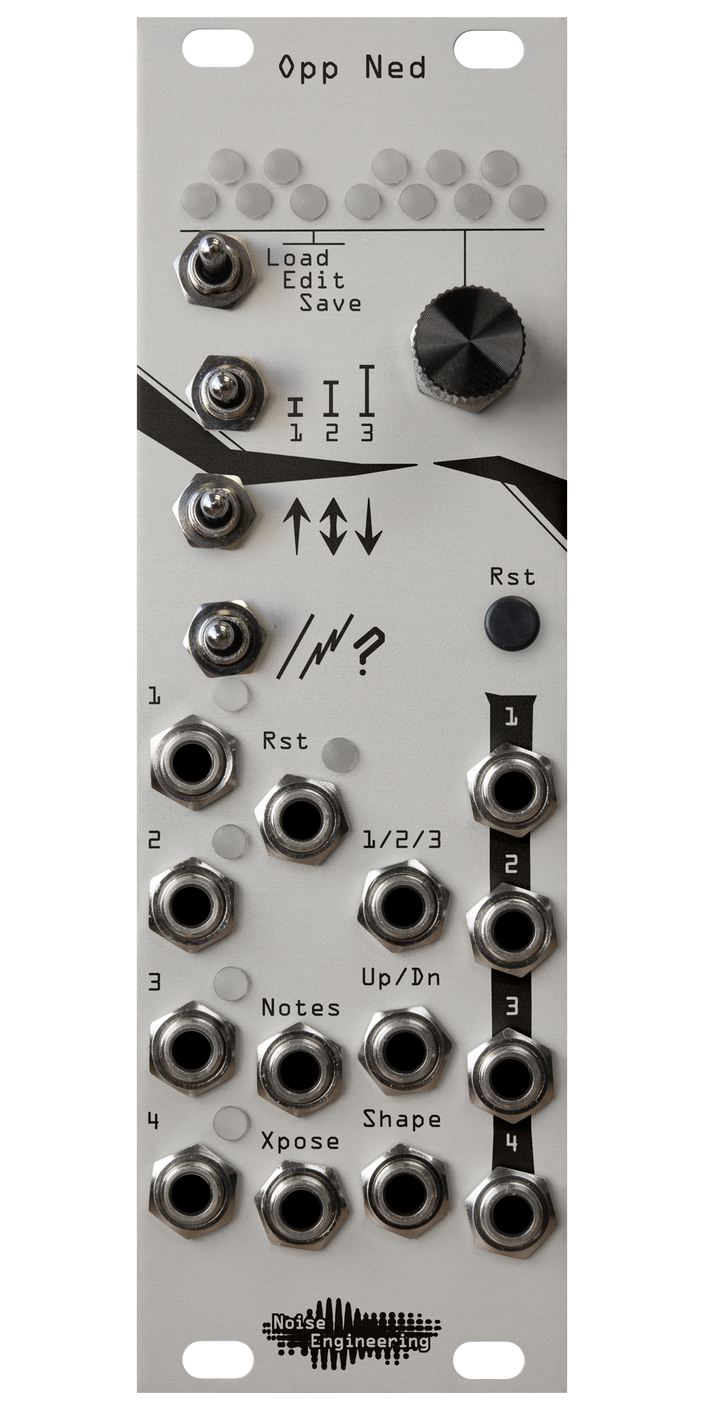 Opp Ned arpeggiator in 8HP with silver panel. 12 LEDs arranged like a piano at top. Below that, 4 switches in one column, and an encoder and button in another. 14 jacks and 5 LEDs at bottom. | Noise Engineering