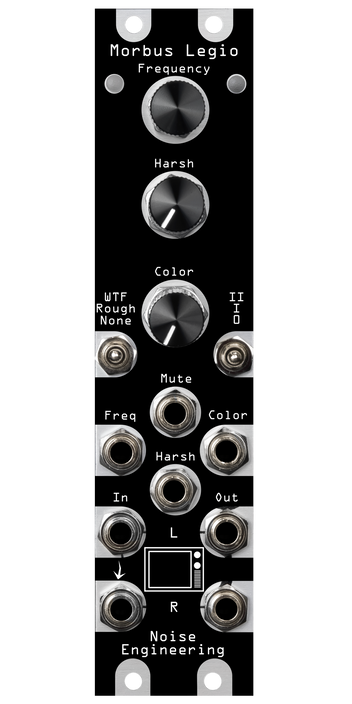 Morbus Legio black overlay on a silver module. Morbus is a noise generator firmware for the Legio platform | Noise Engineering