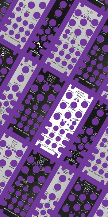 Alia, Legio, and Versio plastic overlays against a purple background | Noise Engineering