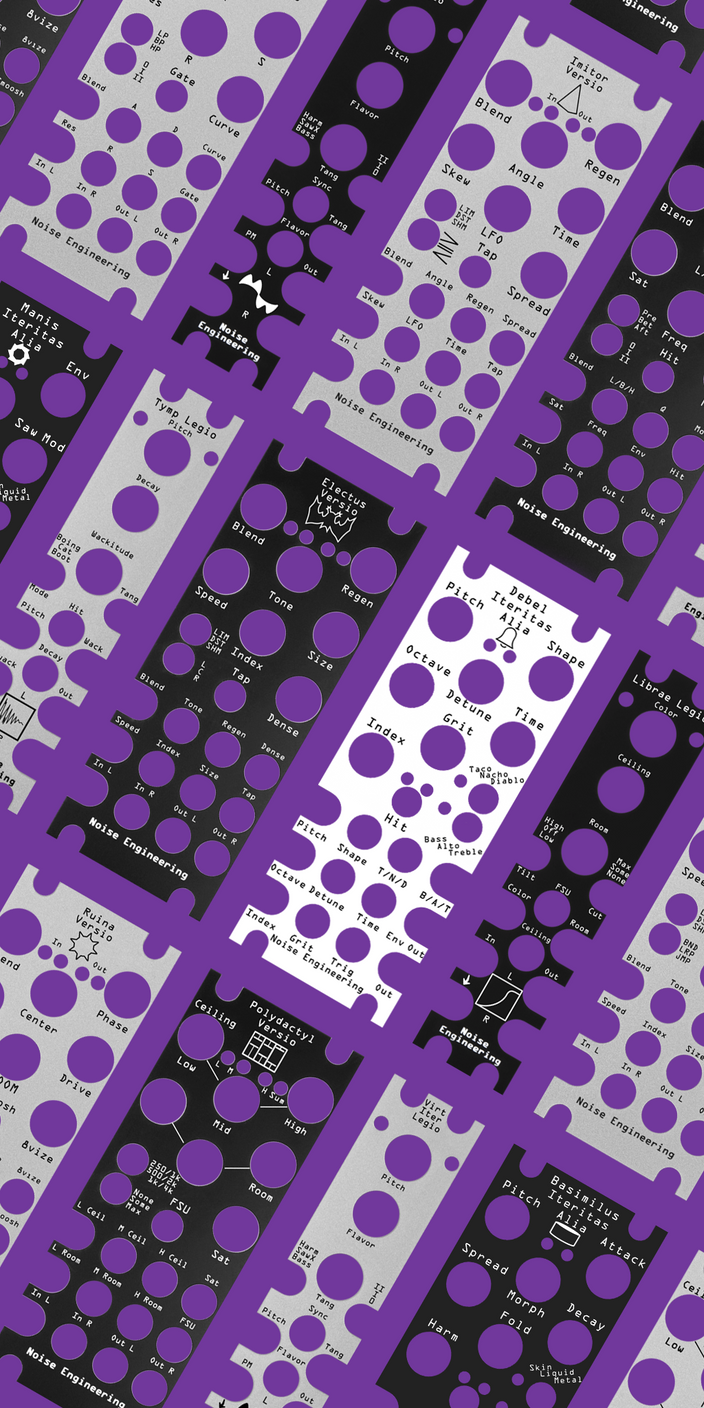 Alia, Legio, and Versio plastic overlays against a purple background | Noise Engineering