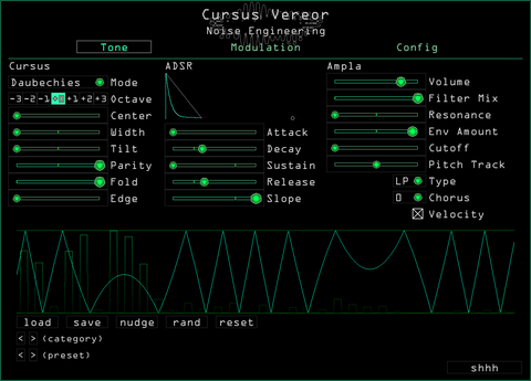 Cursus Vereor's filter section configured to create plucks