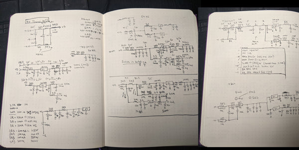 3 pages of Stephen's notebook, titled "Power WTF" showing circuitry for the Xer Mixa power supply