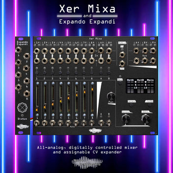 Xer Mixa black module on neon striped background. It is big. Jacks at top, faders and mute switches at bottom, a lot of buttons. A screen is to the right with three encoders around it.