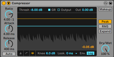 Ableton Live's compressor processing a drum loop, but the input is too quiet