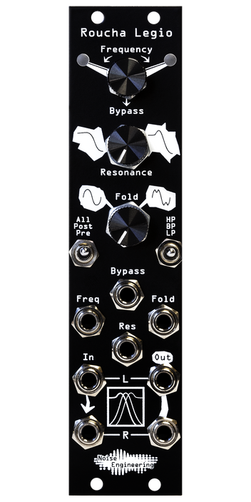 Roucha Legio Eurorack filter in black with three knobs on top, two switches in the middle, and eight jacks on bottom with white art | Noise Engineering