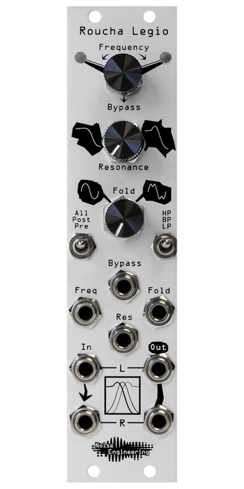 Roucha Legio Eurorack filter in silver with three knobs on top, two switches in the middle, and eight jacks on bottom with black art | Noise Engineering