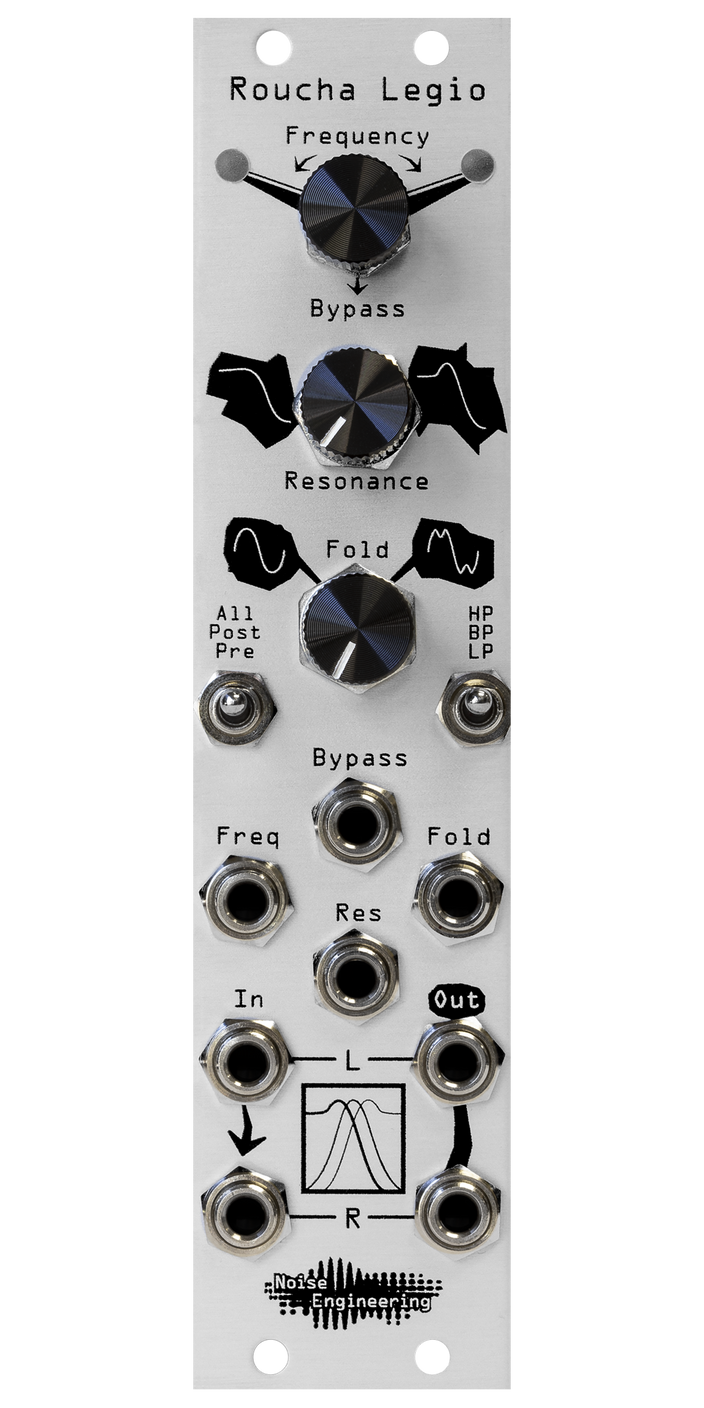 Roucha Legio Eurorack filter in silver with three knobs on top, two switches in the middle, and eight jacks on bottom with black art | Noise Engineering