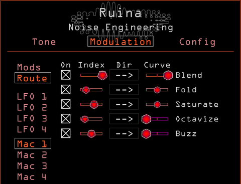 Ruina's Macro 1 routed to five different parameters in various amounts.