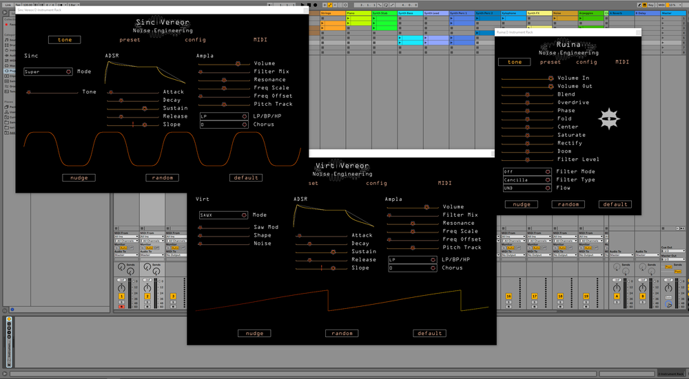 Noise Engineering plugins in an Ableton window, demonstrating their compatibility with AU and VST.